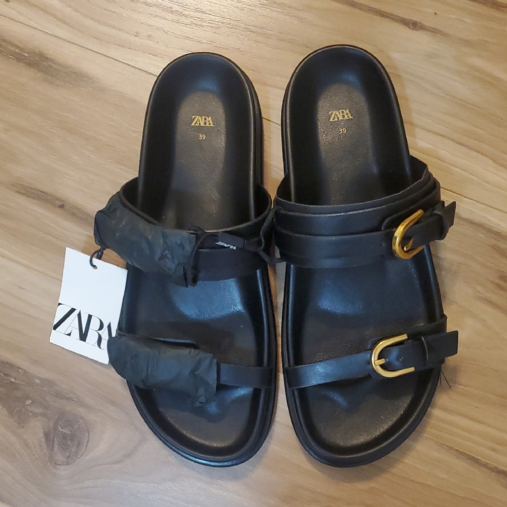 Zara Black Slides with Gold Accents